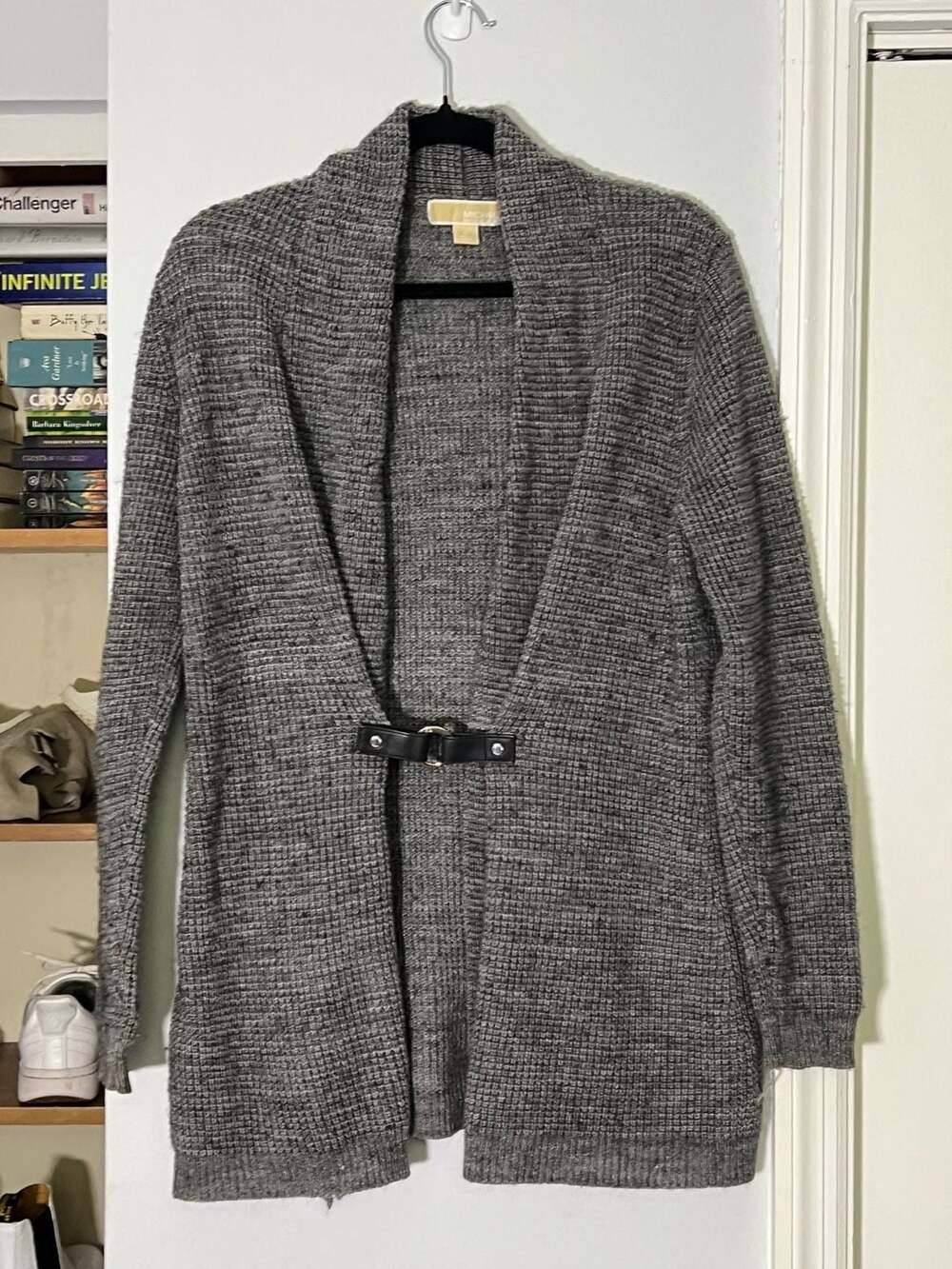 Michael Michael Kors Gray Waffle Knit Belted Cardigan Size L
